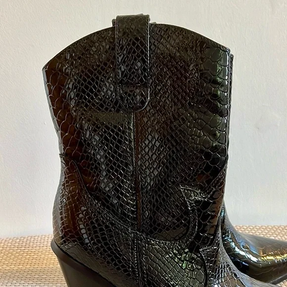 Snakeskin Patent Leather Cowgirl Western Biker Calf Height Cowboy Boots - 7.5/38 - Picture 10 of 12